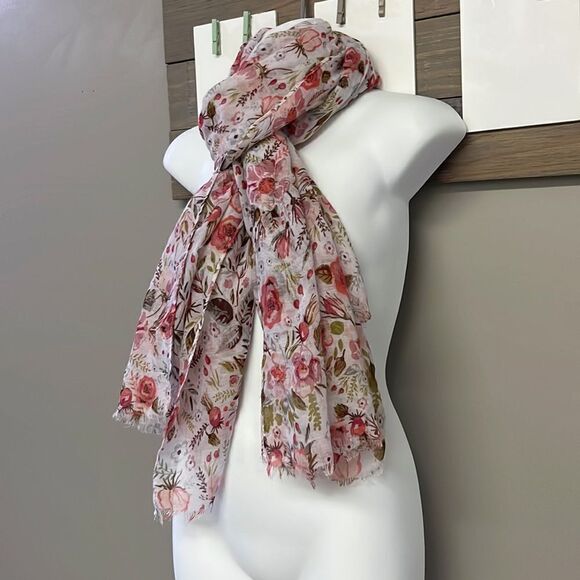 Marcus Adler New York Floral Large White Fashion Scarf with Frayed Edges- OS - Picture 7 of 14